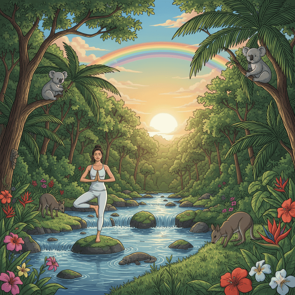 Illustration of yoga by the creek