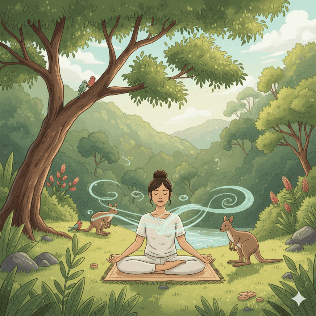 Illustration of breathwork and meditation by the creek