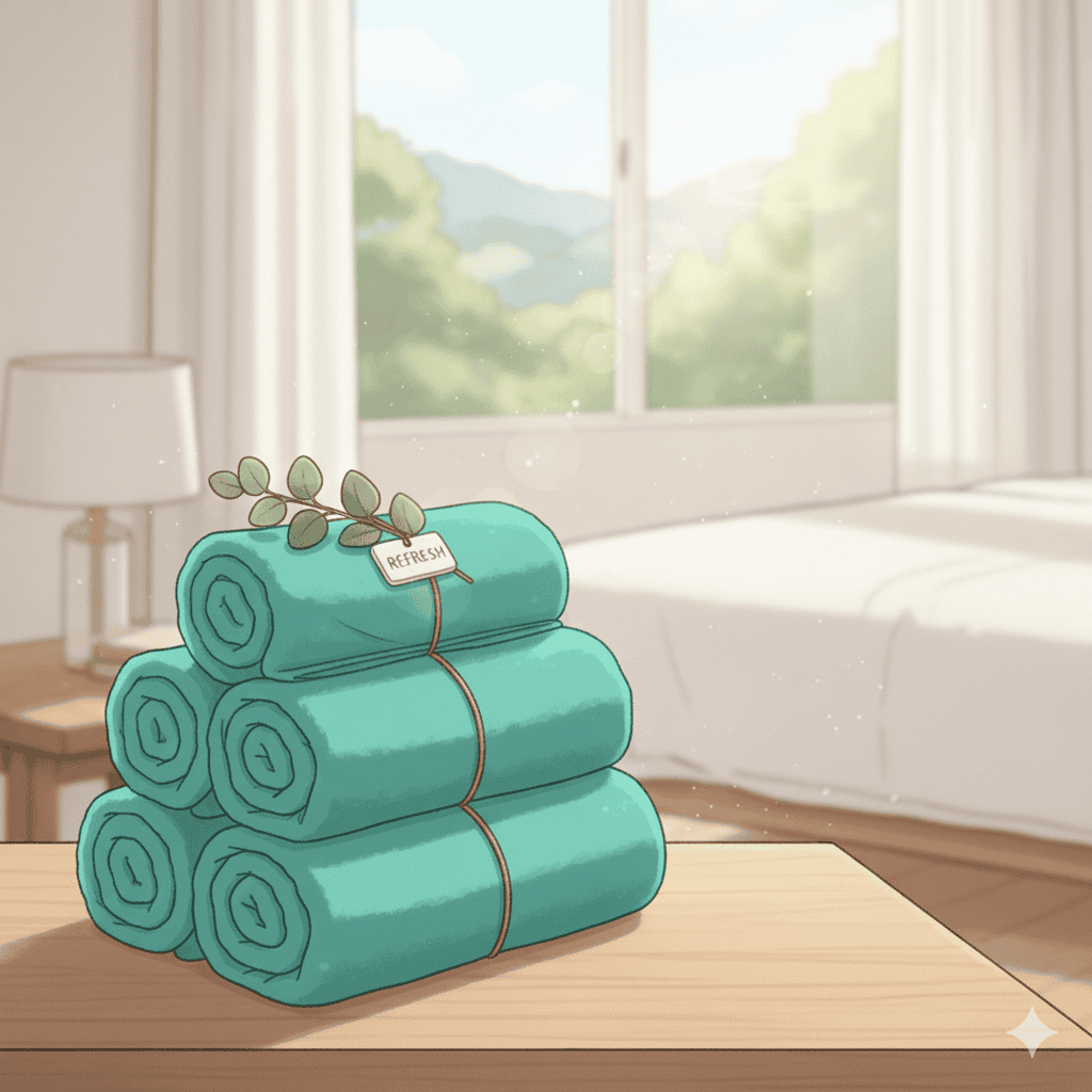 Illustration of a freshly cleaned retreat with rolled towels