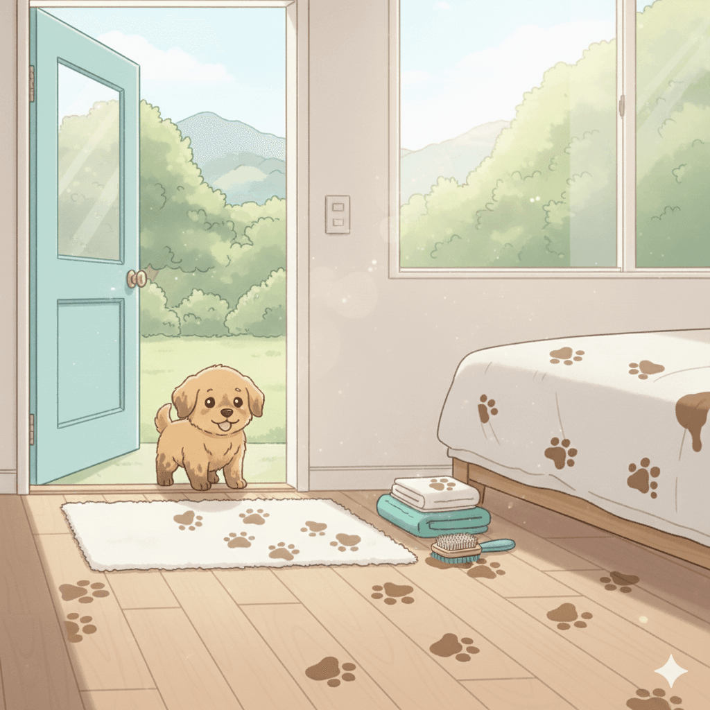Illustration of a puppy with muddy paw prints