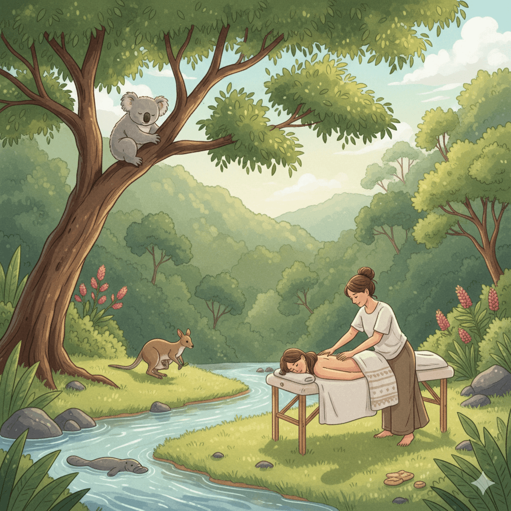 Illustration of a massage by the creek with platypus and koala nearby
