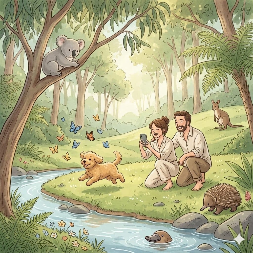 Illustration of guests with their dog by the creek